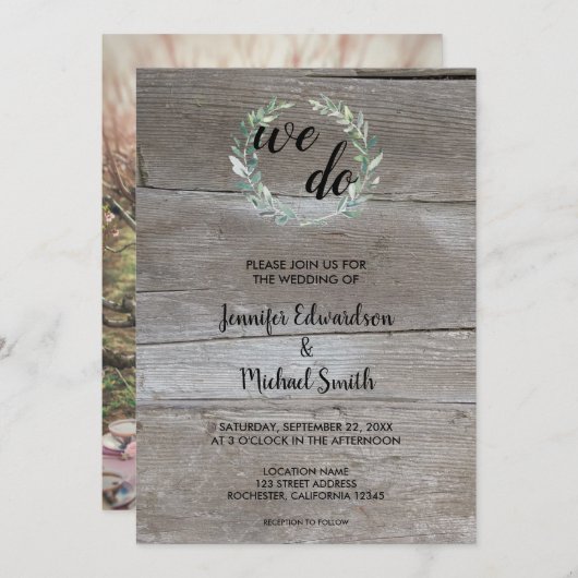 水彩葉オンウッドWe Do写結婚真 招待状 (正面/裏面)
