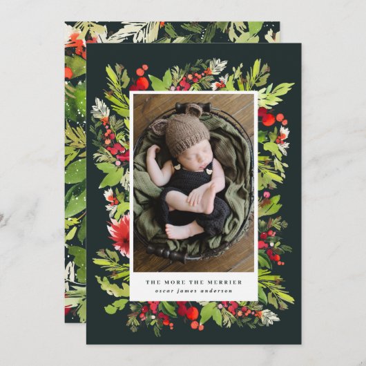 水彩葉クリスマスの誕生のお知らせ シーズンカード (正面/裏面)