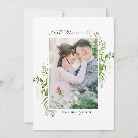 水彩葉縦型フォトたった今結婚しました 案内状 (正面)