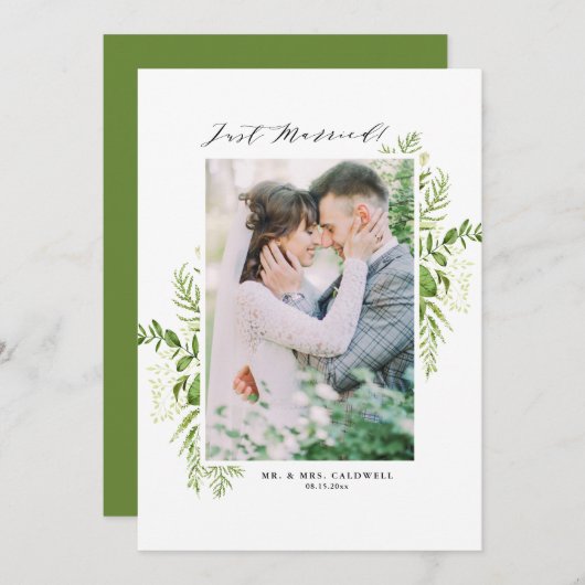 水彩葉縦型フォトたった今結婚しました 案内状 (正面/裏面)