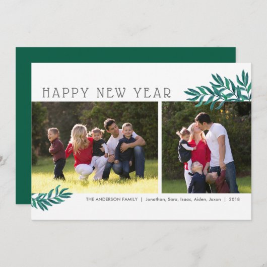 水彩葉 |新年のおめでとう2枚の写真 シーズンカード (正面/裏面)