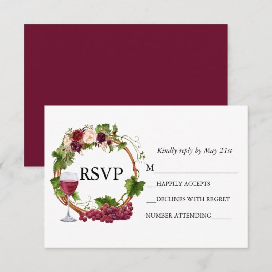 水彩葡萄藤蔓花环酒红 出欠カード (正面/裏面)