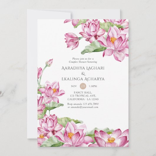 水彩蓮の花インディアンカップルシャワー 招待状 (正面)