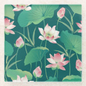 水彩蓮:ヴィンテージのシームレスな花。 ガラスコースター (正面)