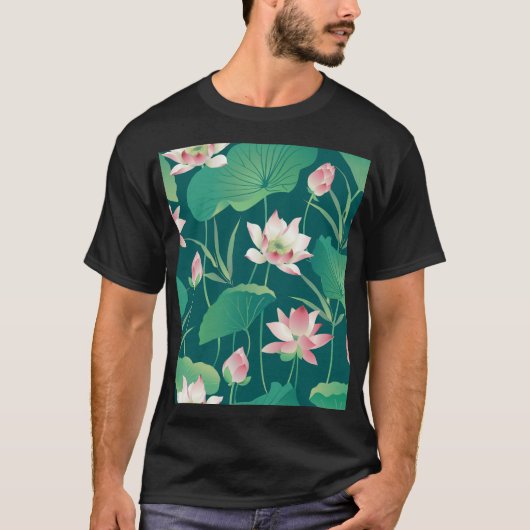 水彩蓮:ヴィンテージのシームレスな花。 Tシャツ (正面)
