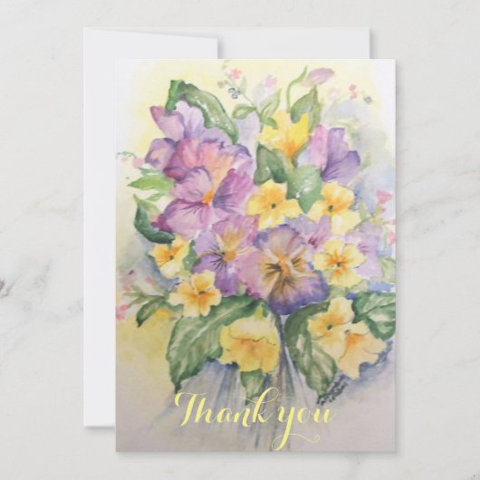 水彩薄紫と淡い黄色のパンジーの花束 サンキューカード (正面)