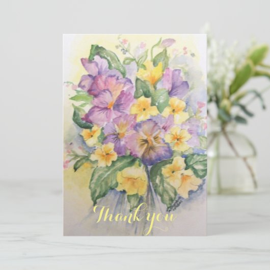 水彩薄紫と淡い黄色のパンジーの花束 サンキューカード (スタンド正面)