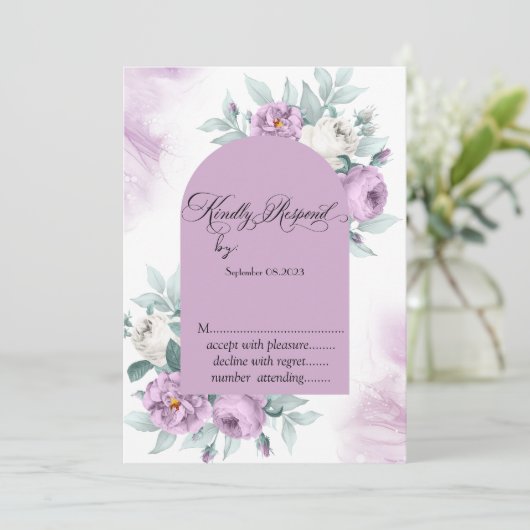 水彩薄紫バラ水玉模様RSVP 招待状 (スタンド正面)