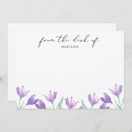 水彩薄紫パーソナライズされた花 ノートカード (正面/裏面)