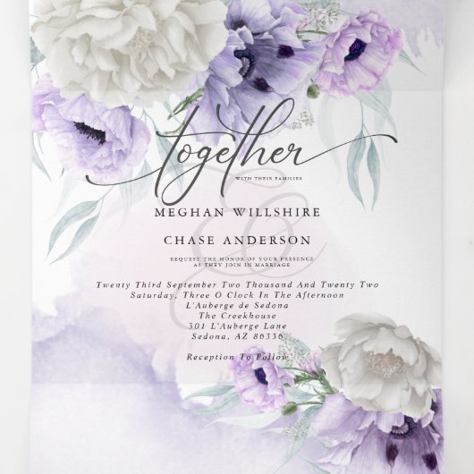 水彩薄紫フローラ結婚すべて 三つ折り招待状 (内部中)