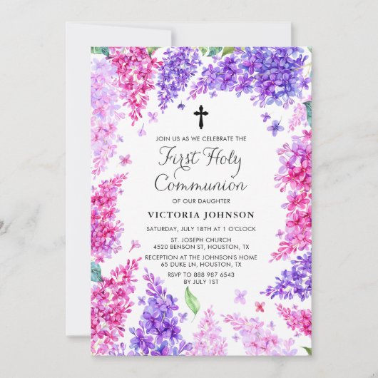 水彩薄紫リースファーストホーリーコミュニオン 招待状 (正面)