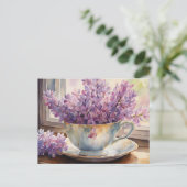 水彩薄紫花のヴィンテージ茶碗 ポストカード (スタンド正面)