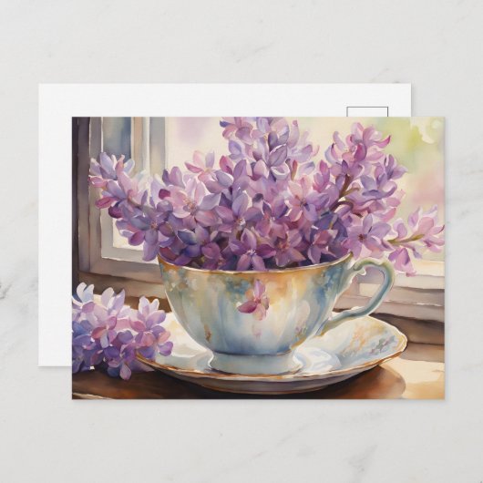 水彩薄紫花のヴィンテージ茶碗 ポストカード (正面/裏面)