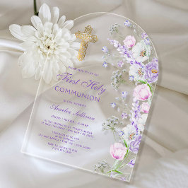 水彩薄紫花アーチ最初の聖餐式 アクリル招待状