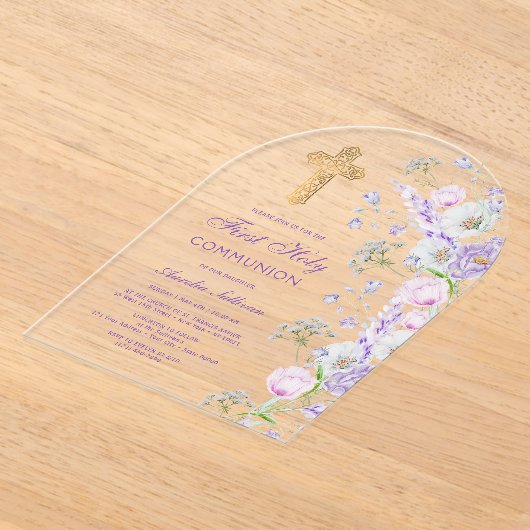 水彩薄紫花アーチ最初の聖餐式 アクリル招待状 (レイダウン)