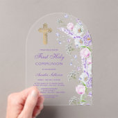 水彩薄紫花アーチ最初の聖餐式 アクリル招待状 (インサイチュ (ポータブル))
