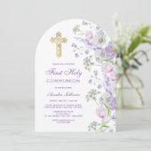 水彩薄紫花アーチ最初の聖餐式 招待状 (スタンド正面)