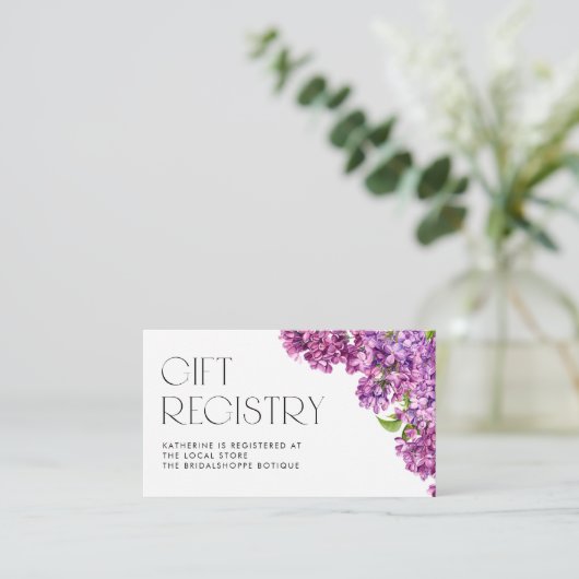 水彩薄紫花赤ちゃんシャワーレジストリ エンクロージャーカード (スタンド正面)