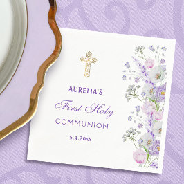 水彩薄紫花First Communion スタンダードカクテルナプキン
