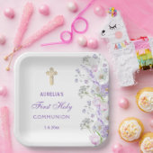水彩薄紫花First Communion ペーパープレート (パーティー)