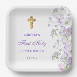 水彩薄紫花First Communion ペーパープレート