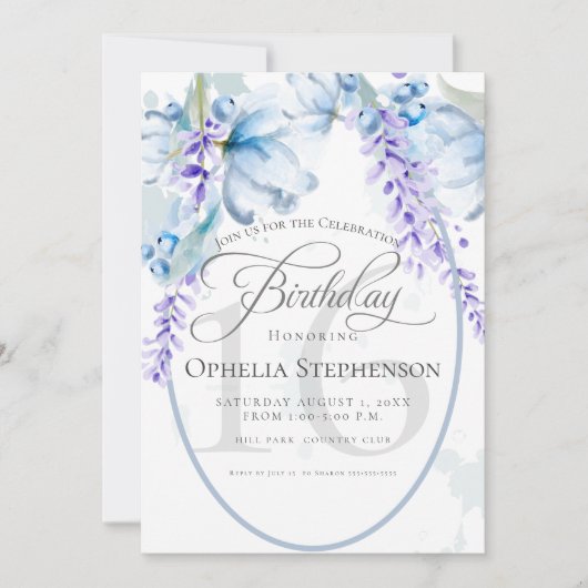 水彩薄紫 – ほこりっぽいブルーマイルストーン誕生日 招待状 (正面)