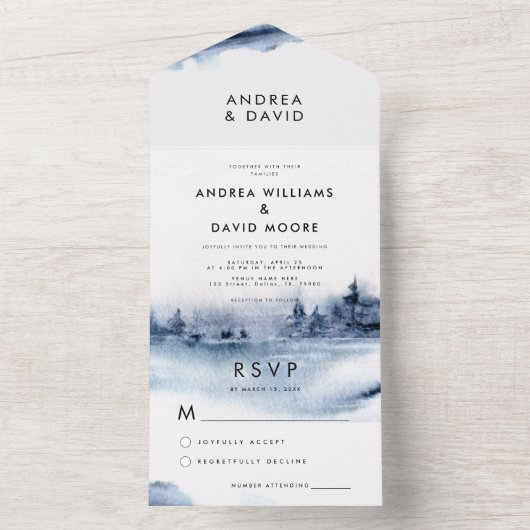 水彩藍冬の森の風景結婚の オールインワン招待状 (内側)
