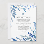 水彩藍色葉バルミツワー 招待状 (正面)