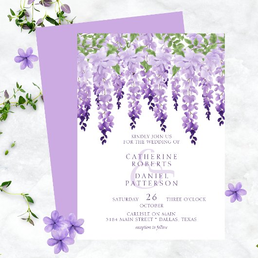 水彩藤のフローラエレガントモダン結婚の 招待状