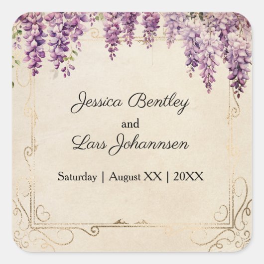 水彩藤のヴィンテージ結婚羊皮紙 スクエアシール (正面)