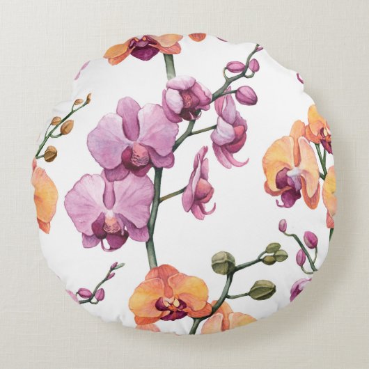 水彩蘭の花の継ぎ目のない模様 ラウンドクッション (正面)
