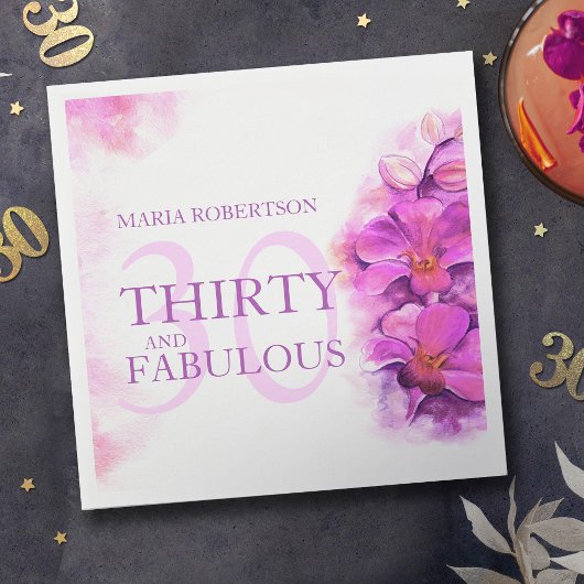 水彩蘭の花30th誕生日名前をカスタムする スタンダードカクテルナプキン