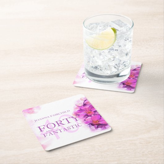 水彩蘭の花40th誕生日名前をカスタムする スクエアペーパーコースター (インサイチュ)