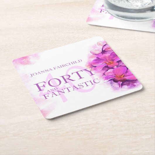 水彩蘭の花40th誕生日名前をカスタムする スクエアペーパーコースター (アングル)