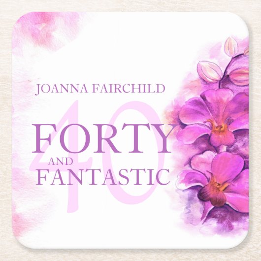 水彩蘭の花40th誕生日名前をカスタムする スクエアペーパーコースター (正面)