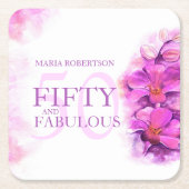 水彩蘭の花50th誕生日名前をカスタムする スクエアペーパーコースター (正面)