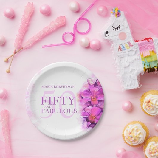 水彩蘭の花50th誕生日名前をカスタムする ペーパープレート (パーティー)