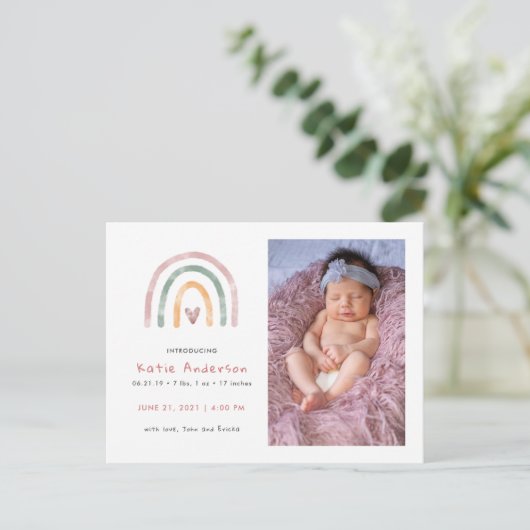 水彩虹とハート誕生発表 インビテーションポストカード (スタンド正面)