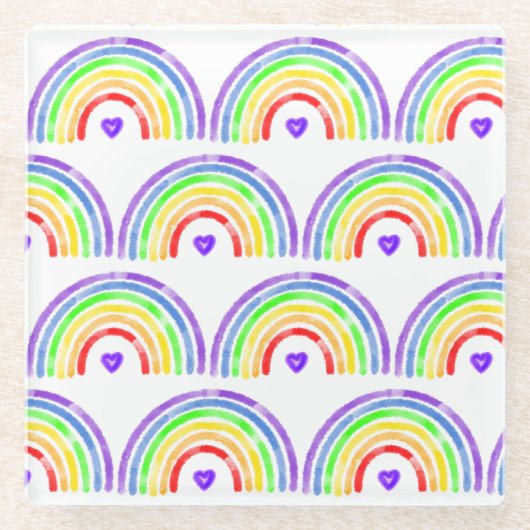 水彩虹とハート ガラスコースター (正面)