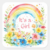 水彩虹と花ガール スクエアシール (正面)