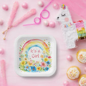 水彩虹と花ガール ペーパープレート (パーティー)