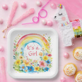 水彩虹と花ガール ペーパープレート (パーティー)