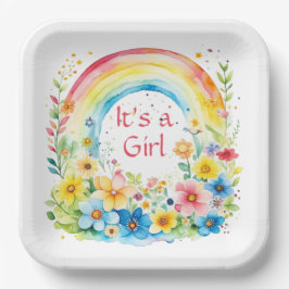 水彩虹と花ガール ペーパープレート