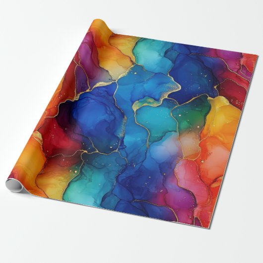 水彩虹と金ゴールドグリッターアルコールインク ラッピングペーパー (アンロールド)