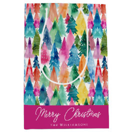 水彩虹のカラフルクリスマスツリー ミディアムペーパーバッグ
