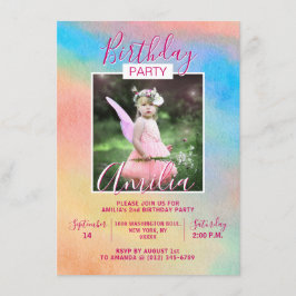 水彩虹の女の子の誕生日パーティー | フォト 招待状
