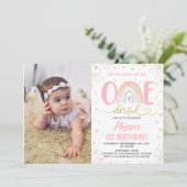 水彩虹の女の子1st誕生日パーティー写真 招待状 (スタンド正面)