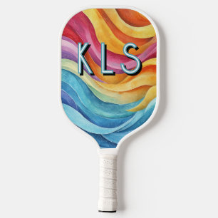 水彩虹の渦巻きカラフルモノグラム ピックルボールラケット