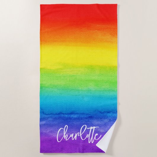 水彩虹カラフルパーソナライズされたモダン ビーチタオル (正面)