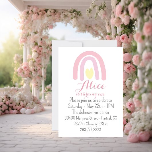 水彩虹彩 粉色 黄色 生日派对 招待状